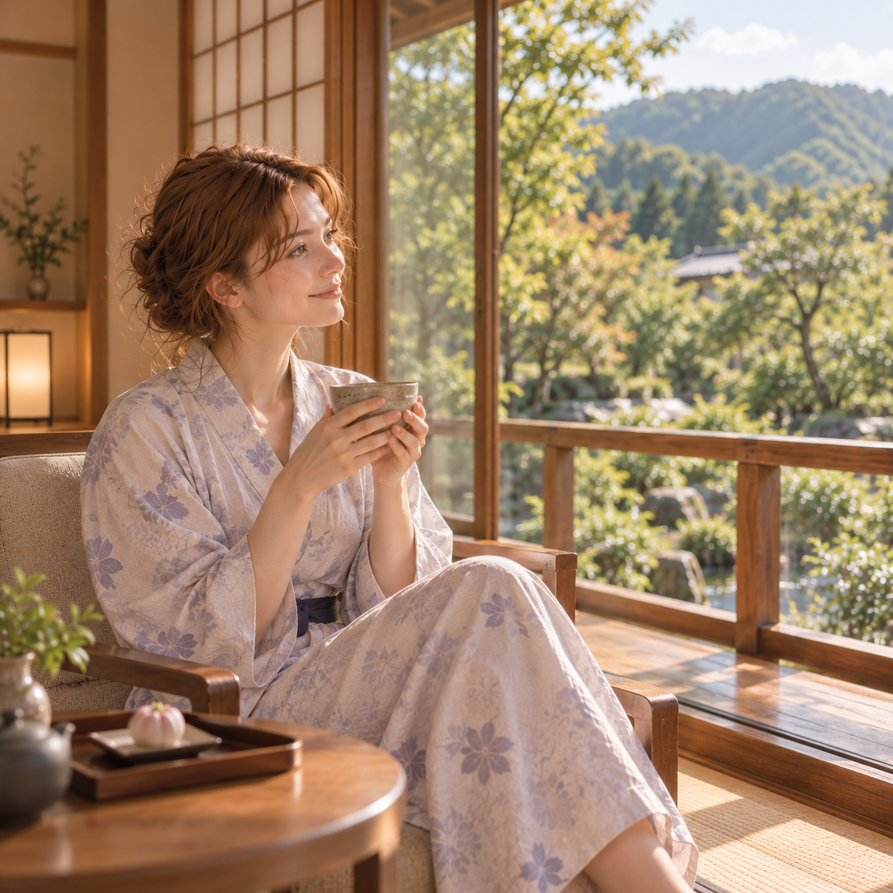 Enjoying matcha tea on a peaceful ryokan veranda