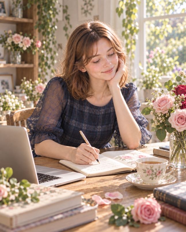 Lina arranging a soft English-style rose bouquet in a flower shop