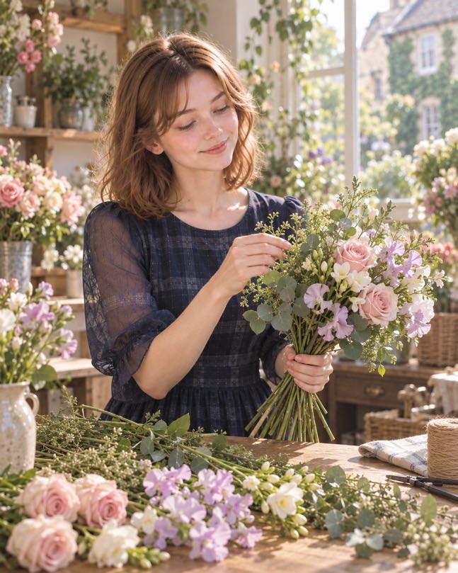Young woman arranging a small hand-tied rose bouquet at a wooden worktable