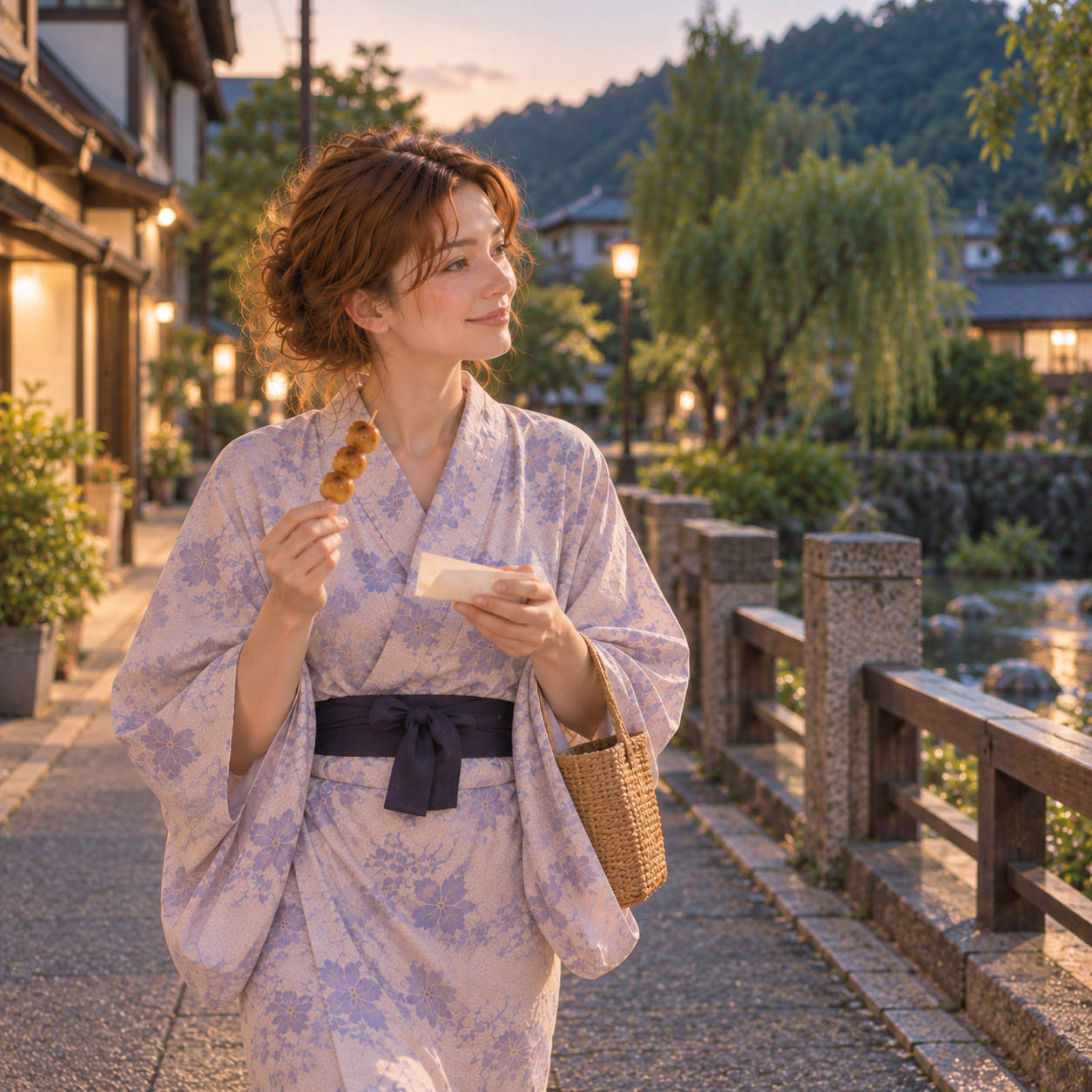 Strolling through the quiet onsen street in yukata at dusk