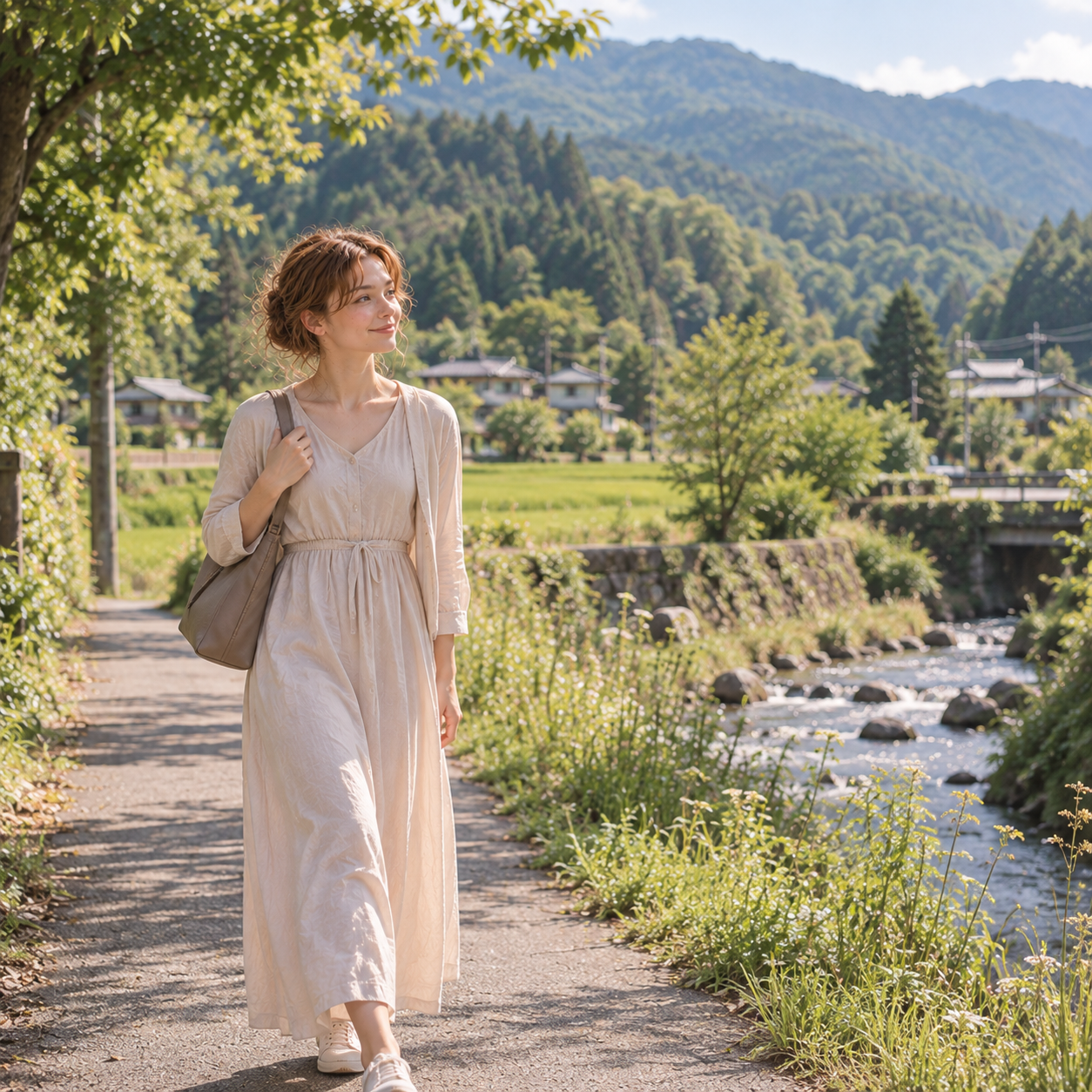Walking along the tranquil satoyama stream in Tatsunokuchi