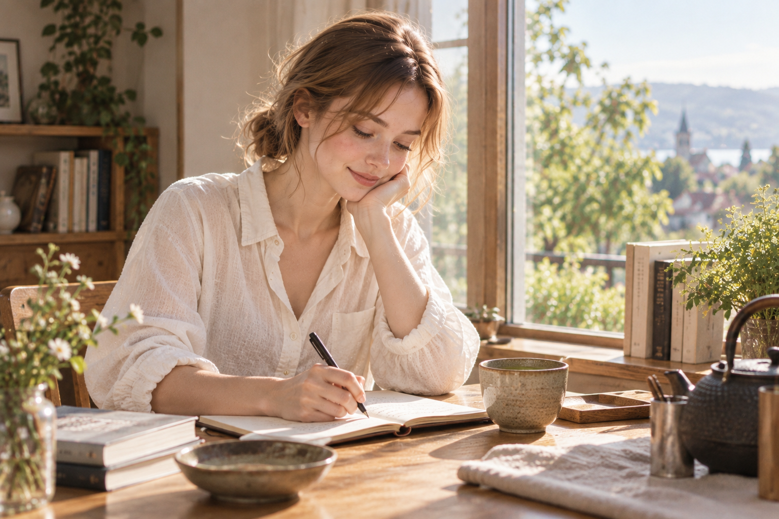 Writing at a solid wood desk with natural light