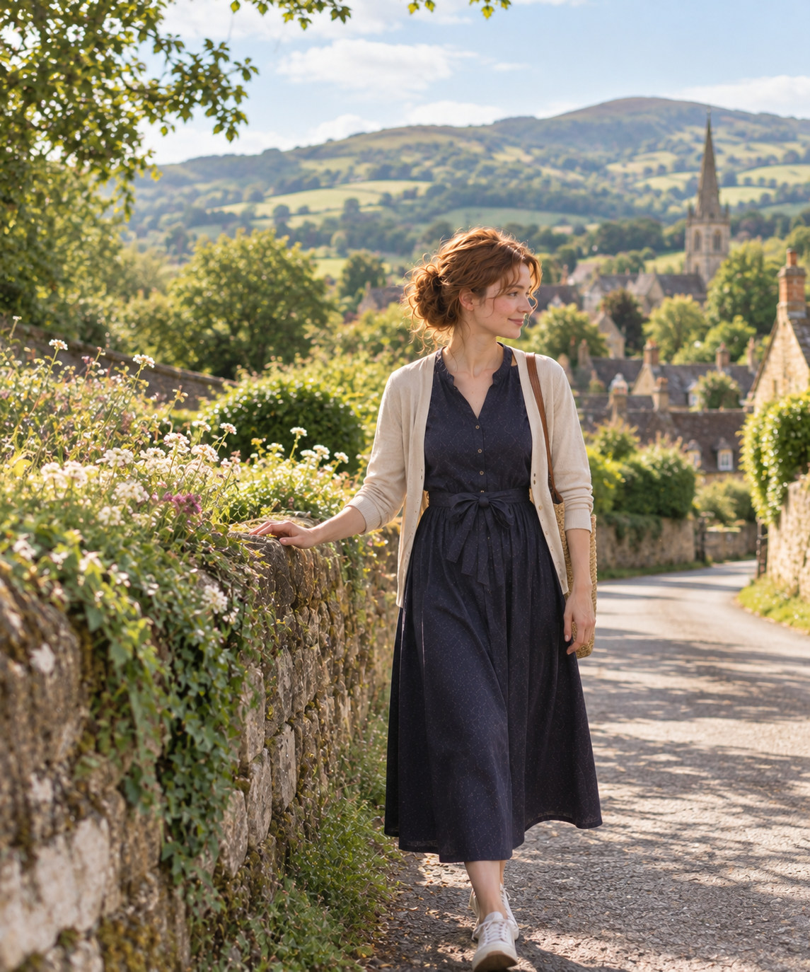 A peaceful country stroll along a stone wall overlooking the village