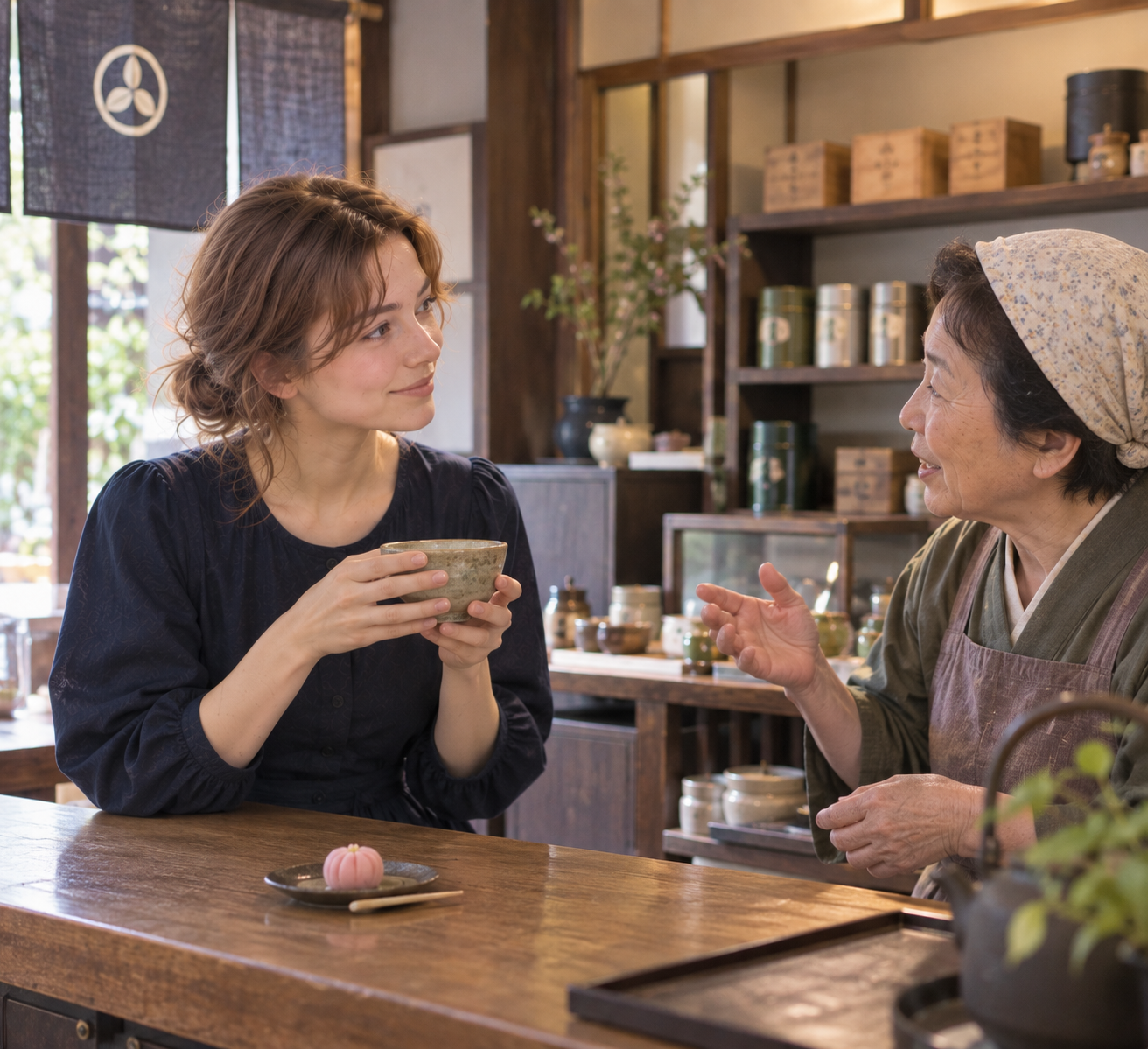 Enjoying a quiet bowl of straight matcha with traditional Japanese sweet