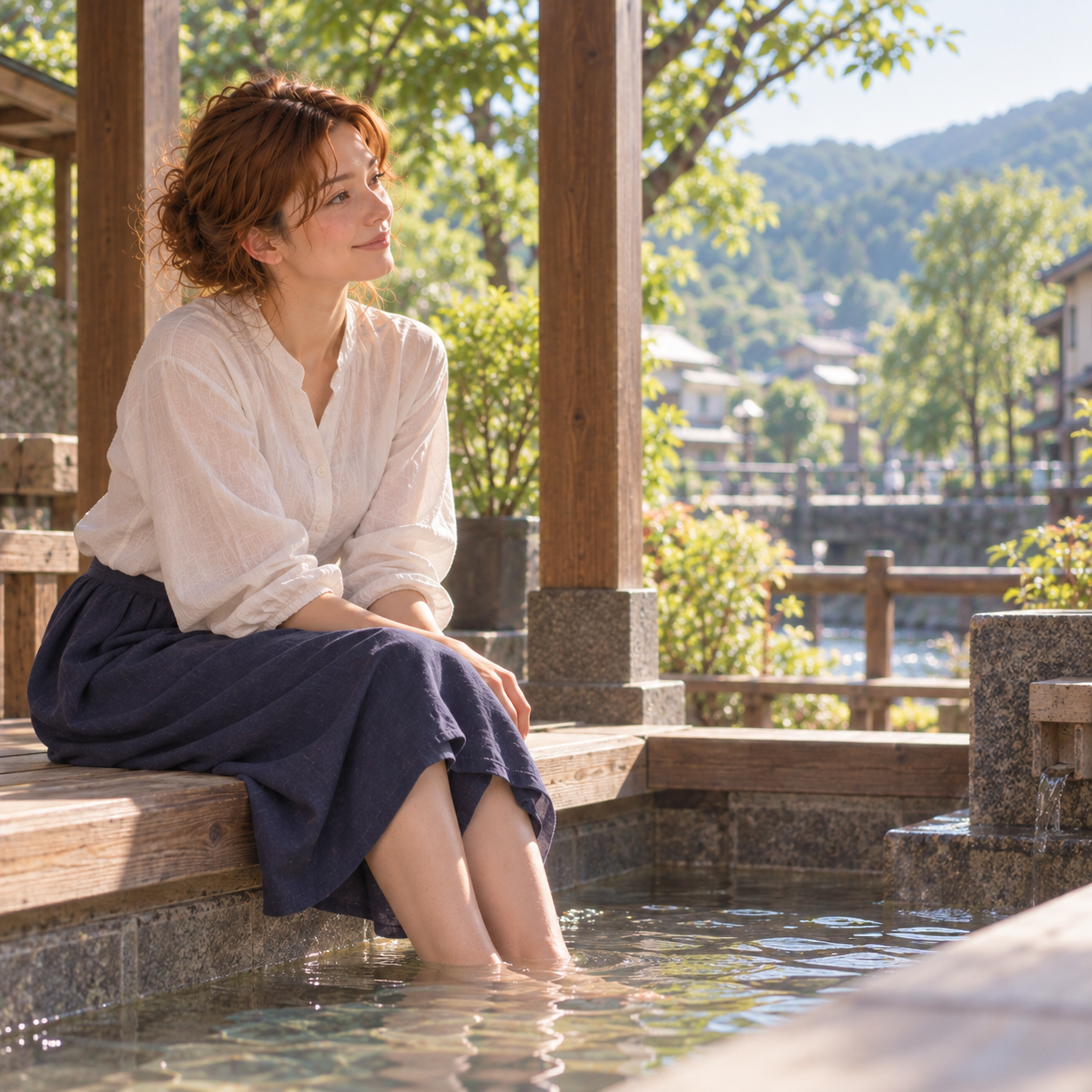 Relaxing at the public onsen footbath in Tatsunokuchi