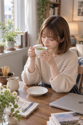Savoring freshly prepared matcha at the desk