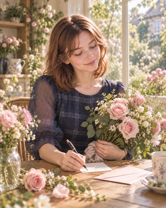 Bride holding a soft bouquet of white and pale pink roses at a quiet outdoor wedding