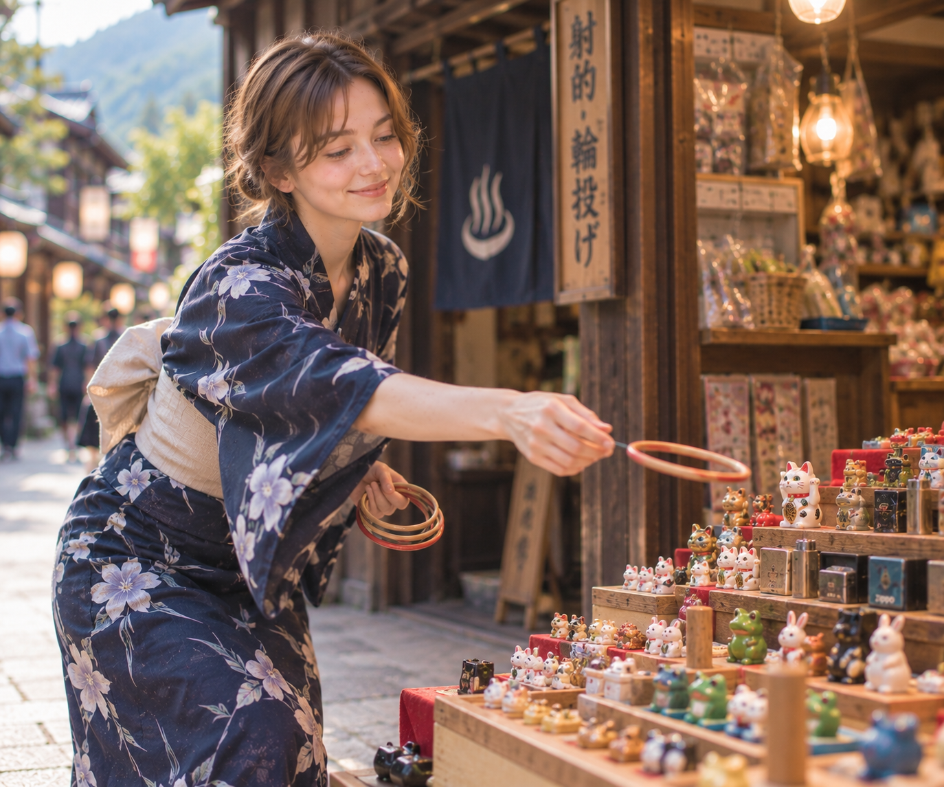 Walking along the quiet river path of an onsen town