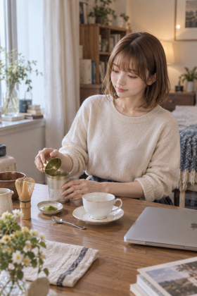 Opening tea tin at the desk