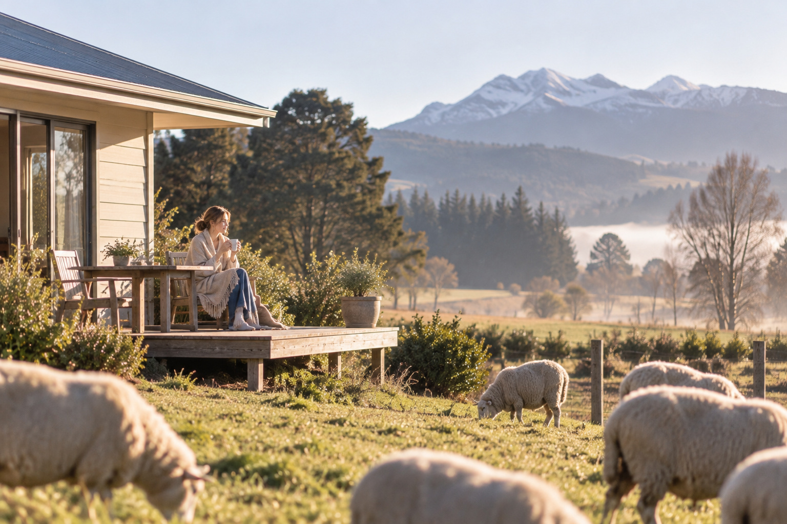 Panoramic view of New Zealand countryside cottage terrace overlooking rolling pastures and misty mountains