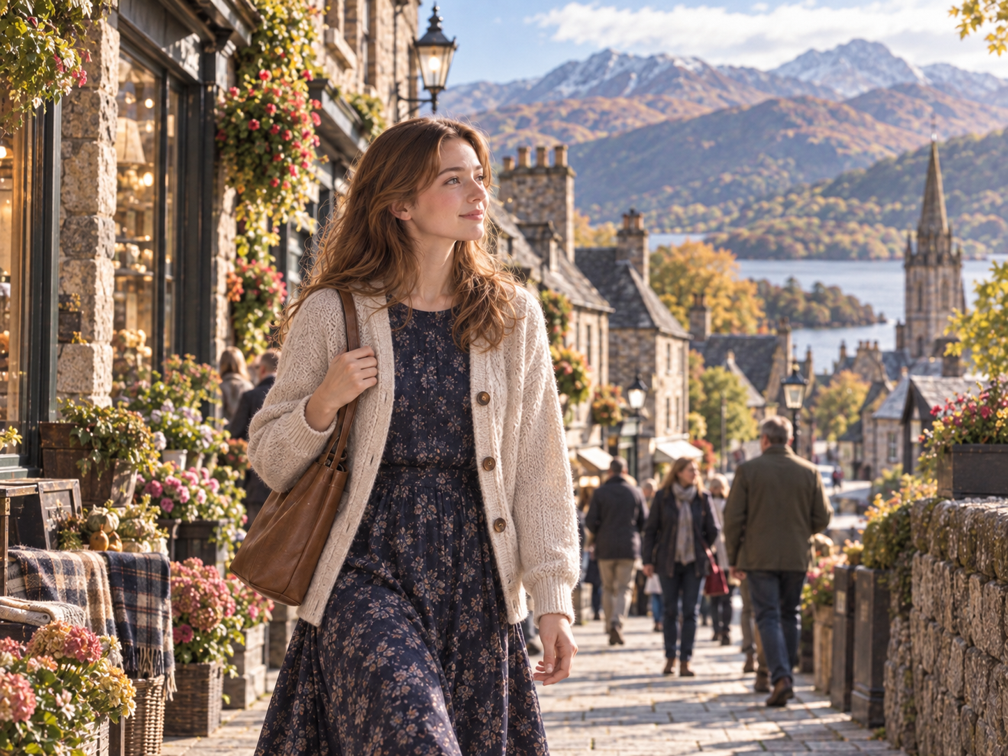 Woman walking through a charming Highland village with people nearby