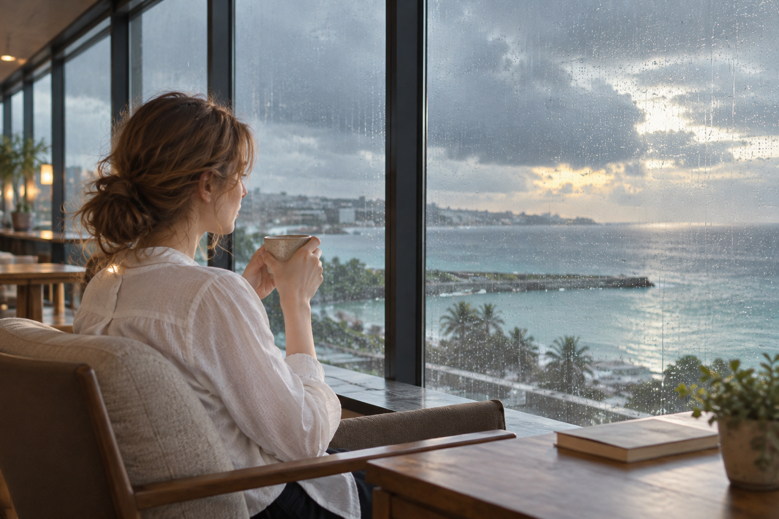 Watching the rainy ocean with a warm cup by the window in Okinawa