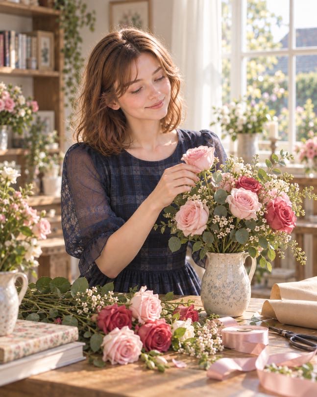 Young woman writing quietly at a sunlit table with roses beside her