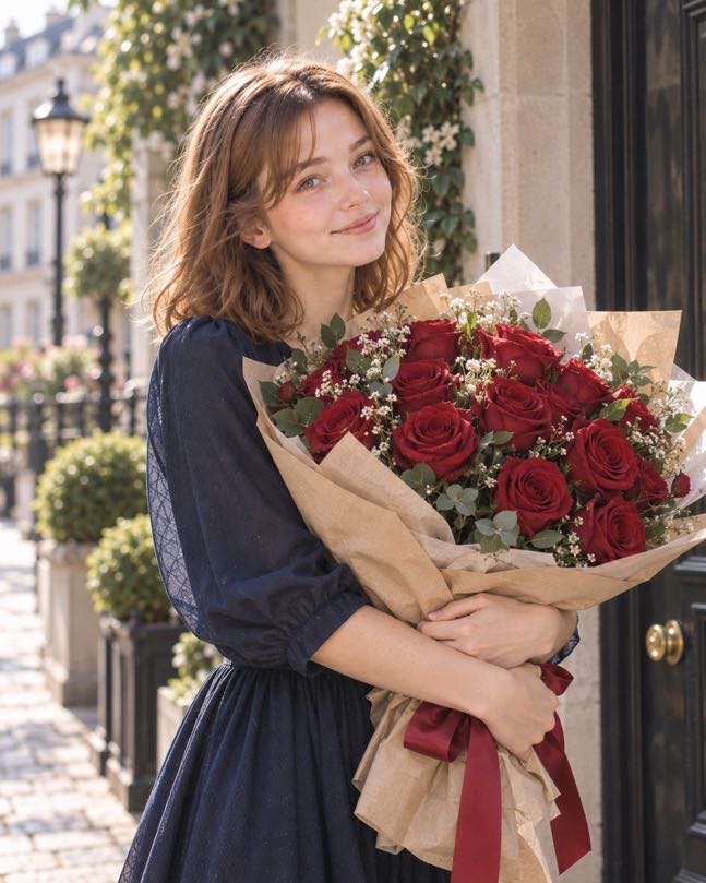 Young woman gently picking pink roses in an English-style rose garden