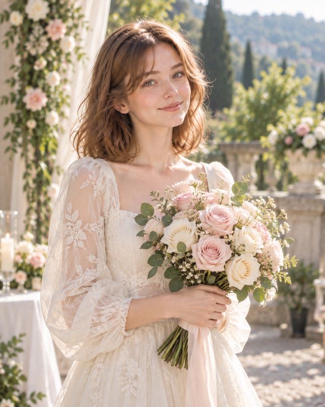 Young woman holding a large bouquet of red roses close to her chest