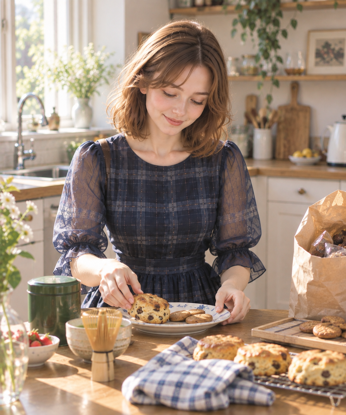 Lina preparing tea and scones in the kitchen