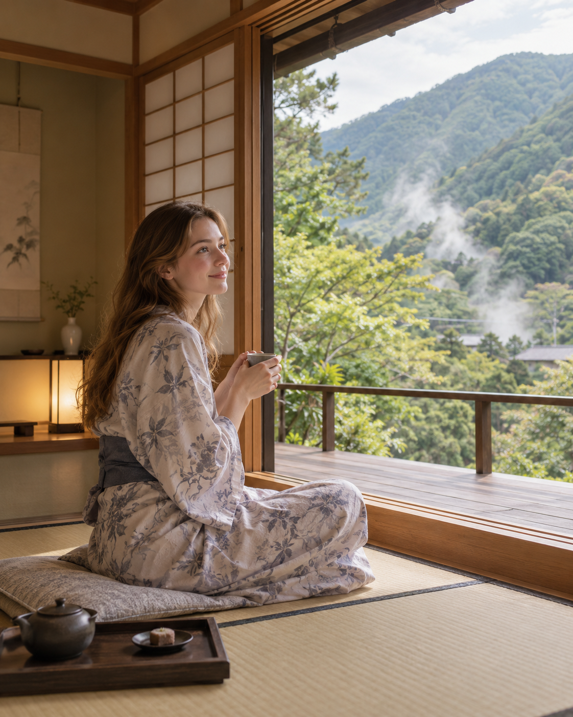 Steam rising gently into mountain foliage beside an open window