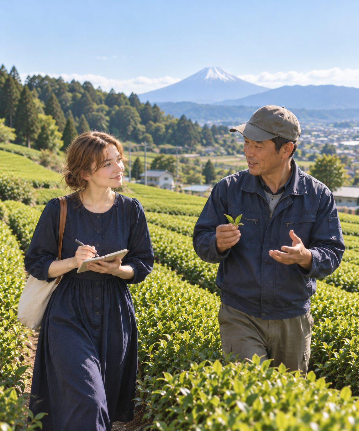 Taking notes in the tea fields of Shizuoka with Mount Fuji