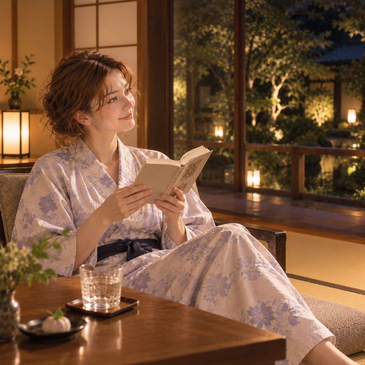 Evening quietude and reading by the illuminated garden in Matsusaki