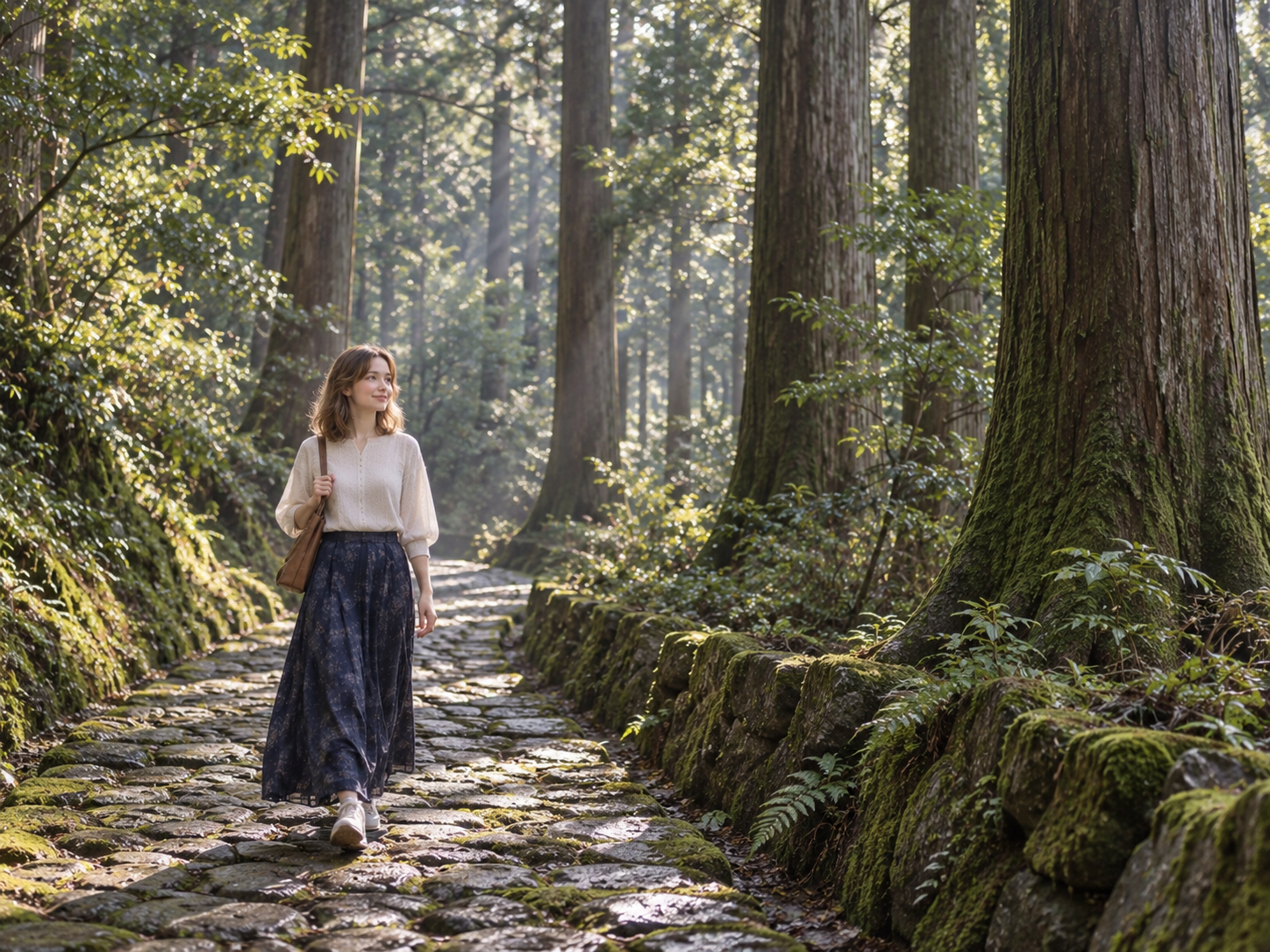 Sunlight filtering through towering cedar forest paths