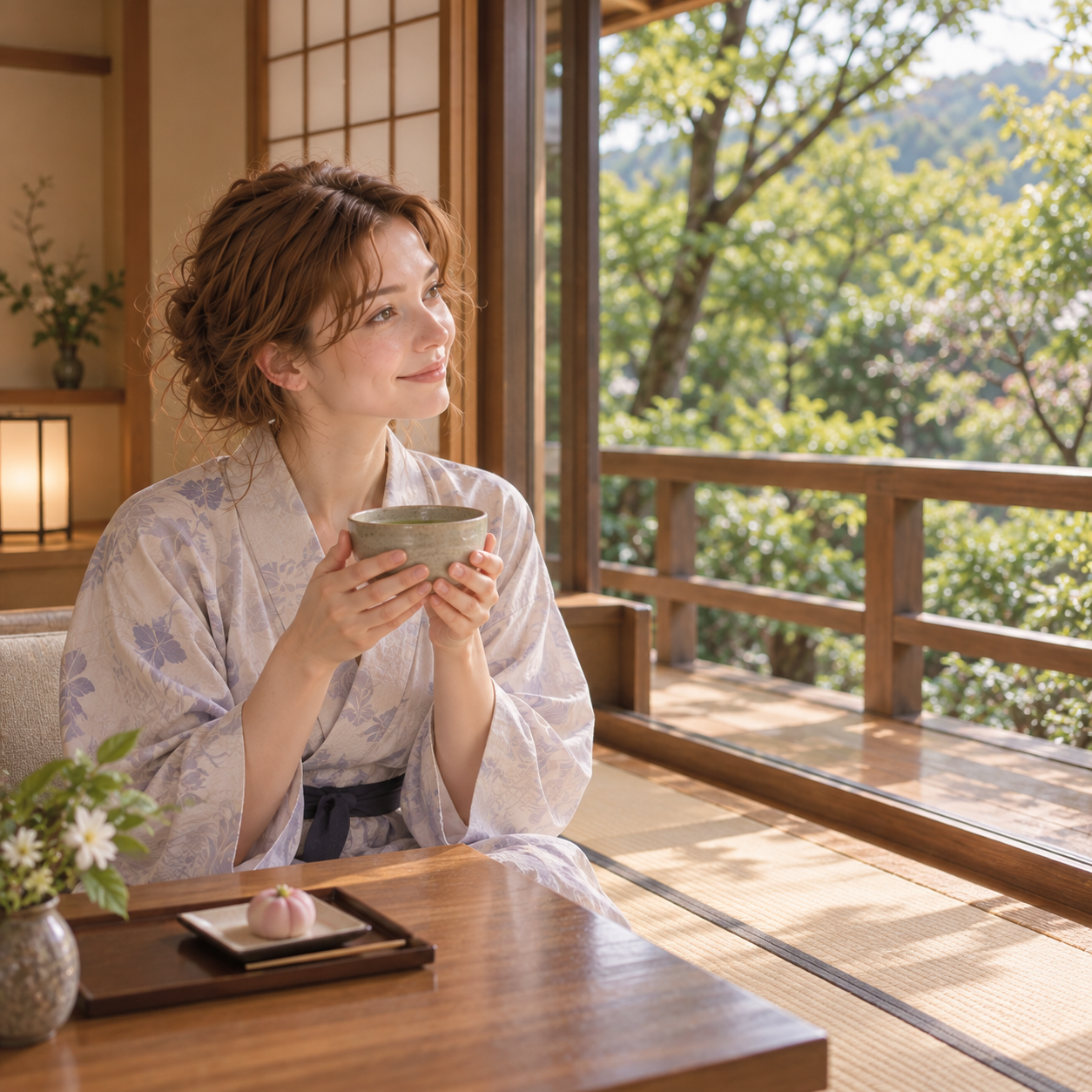 Peaceful moment enjoying tea overlooking the green woods