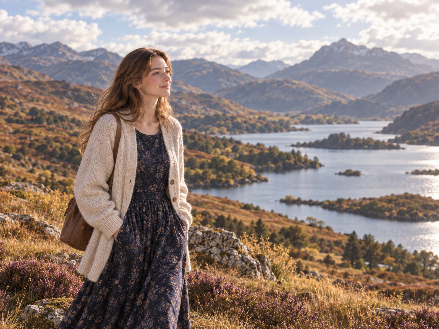 Woman relaxing beside a fireplace in a luxury Highland hotel with mountain views