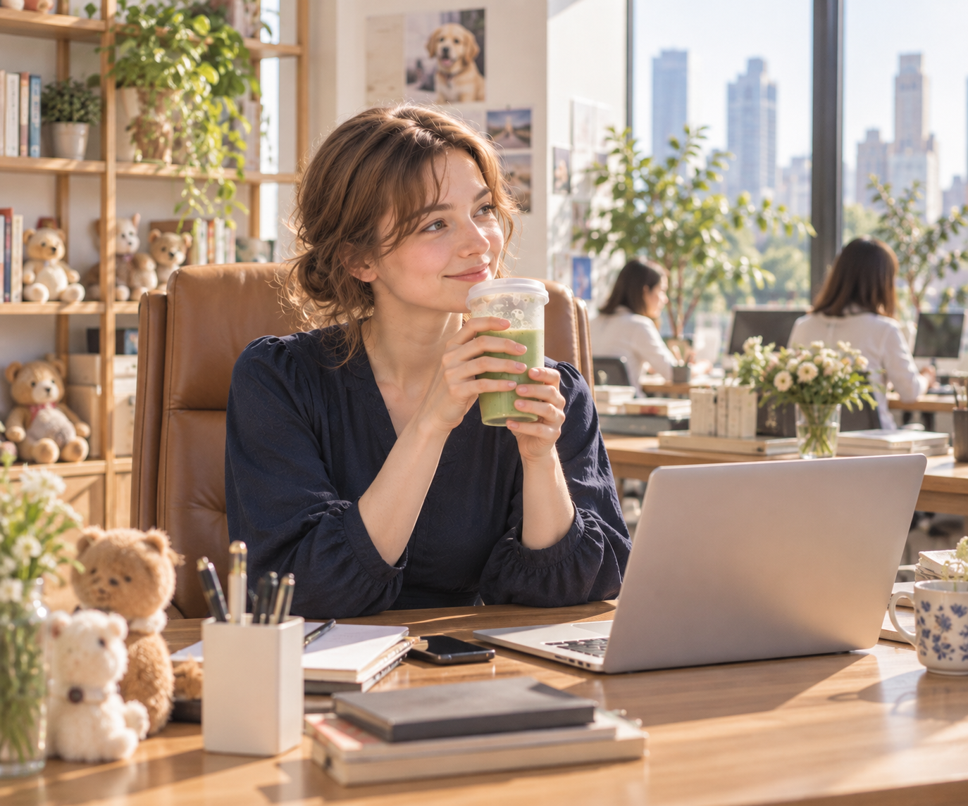 Enjoying a cold matcha latte during afternoon work