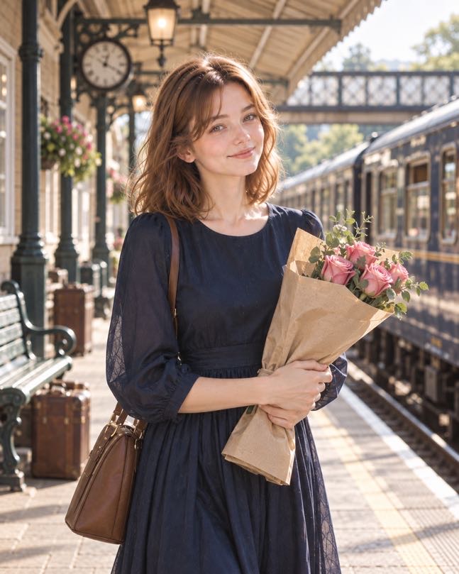 Young woman walking through a quiet English village carrying a soft rose bouquet