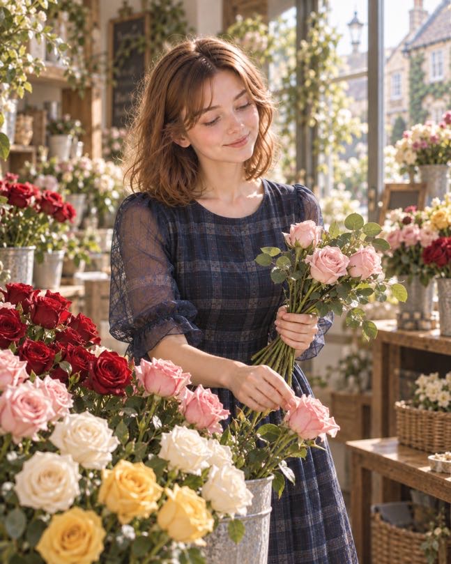 Young woman writing a small gift card beside a soft pink rose bouquet